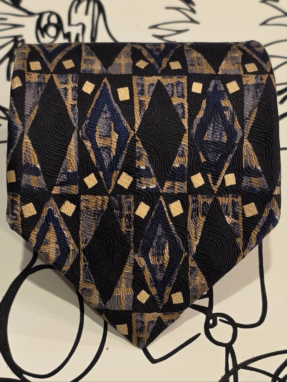 Tie Men Geometric Diamond Black Blue Gold Vintage Serica Necktie 59x3.75